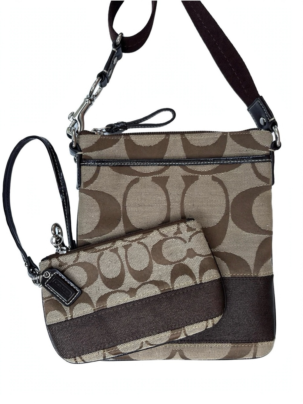 Coach Brown Stripe Swingpack + Wristlet Set 7x8.5 Y2K F51265